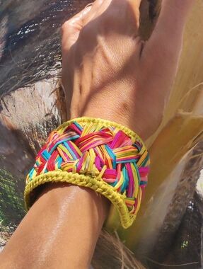 Handwoven Multicolor Women's Cuff Bracelet - Vibrant Yellow Canary Trim